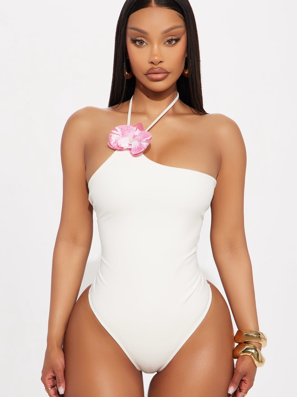 Fashion Nova White One-Shoulder Halter Bodysuit with Pink Flower Accent